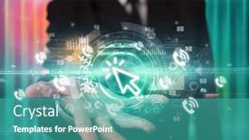  Presentation with technology - Presentation design featuring businessman-holding-technology-icon-concept background and a teal colored foreground