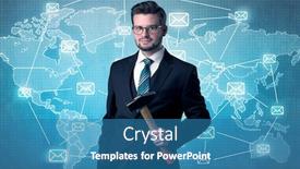  Presentation with global - Audience pleasing theme consisting of businessman-holding-tool-with-global backdrop and a teal colored foreground