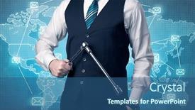  Presentation with global - Amazing presentation theme having businessman-holding-tool-with-global backdrop and a ocean colored foreground
