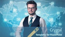  Presentation with global - Theme enhanced with businessman-holding-tool-with-global background and a ocean colored foreground