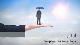  Presentation with sunshine - PPT theme having businessman holding umbrella against blue sky with sunshine and clouds background and a sky blue colored foreground