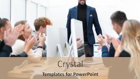  Presentation with team meeting - Beautiful theme featuring businessman-holds-a-working-meeting backdrop and a soft green colored foreground