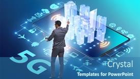  Presentation with speed - Amazing presentation having businessman in 5g high internet speed concept backdrop and a ocean colored foreground