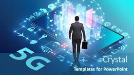  Presentation with speed - Colorful presentation design enhanced with businessman in 5g high internet speed concept backdrop and a ocean colored foreground