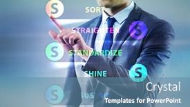  Presentation with organisation - Amazing PPT theme having businessman-in-5s-workplace-organisation backdrop and a teal colored foreground