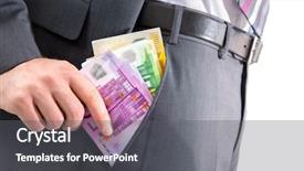  Presentation with people lost money fired businessman - PPT theme consisting of businessman in a suit putting money in his pants pocket background and a gray colored foreground