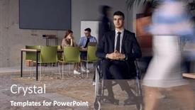  Presentation with navigate - PPT theme enhanced with businessman-in-a-wheelchair background and a gray colored foreground
