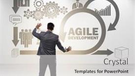  Presentation with software - Colorful PPT theme enhanced with businessman-in-agile-software-development backdrop and a light gray colored foreground