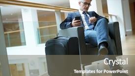  Presentation with airport lounge - Slide deck featuring businessman in airport lounge checking background and a  colored foreground