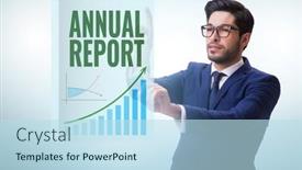  Presentation with report - Presentation theme enhanced with businessman-in-annual-report-concept background and a sky blue colored foreground