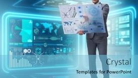  Presentation with data management - Slide set having businessman-in-big-data-management background and a light blue colored foreground