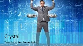  Presentation with benefit - Beautiful slides featuring businessman in cost benefit balance backdrop and a light blue colored foreground