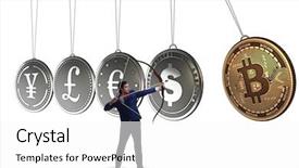  Presentation with cryptocurrency - Presentation design consisting of businessman in cryptocurrency concept aiming background and a white colored foreground