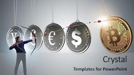  Presentation with cryptocurrency - PPT theme featuring businessman in cryptocurrency concept aiming background and a light gray colored foreground