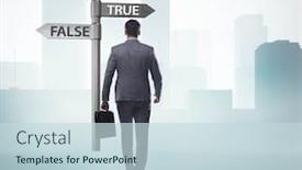  Presentation with choice - Colorful theme enhanced with businessman-in-difficult-choice-concept backdrop and a sky blue colored foreground
