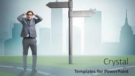  Presentation with choice - Presentation design with businessman-in-difficult-choice-concept background and a light blue colored foreground
