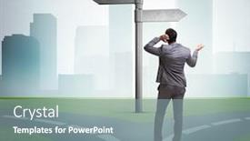  Presentation with choice - Colorful presentation theme enhanced with businessman-in-difficult-choice-concept backdrop and a gray colored foreground