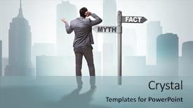  Presentation with choice - Colorful slide deck enhanced with businessman in difficult choice concept backdrop and a light blue colored foreground