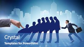  Presentation with domino - Presentation design enhanced with businessman in domino effect business background and a teal colored foreground