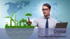  Presentation with green globe - Slide deck having businessman in ecological green concept background and a seafoam green colored foreground