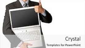  Presentation with laptop - Slides consisting of businessman in expensive suit with open laptop shows welldone background and a white colored foreground