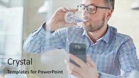  Presentation with benefits of drinking water - Cool new presentation design with businessman in eyeglasses drinking water backdrop and a light blue colored foreground