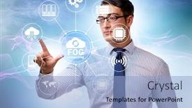  Presentation with fog computing - Presentation design enhanced with businessman in fog and edge cloud computing concept background and a light blue colored foreground