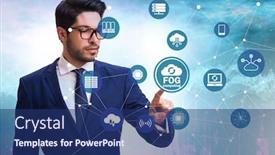  Presentation with fog computing - Beautiful presentation theme featuring businessman in fog and edge cloud computing concept backdrop and a ocean colored foreground