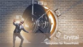  Presentation with vault - Amazing PPT layouts having secret economy - businessman in front of banking backdrop and a coral colored foreground