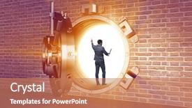  Presentation with vault - Presentation design with secret economy - businessman in front of banking background and a coral colored foreground