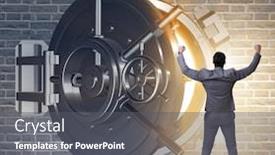  Presentation with vault - PPT theme enhanced with businessman in front of banking vault door background and a gray colored foreground
