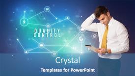  Presentation with quality control - Amazing PPT theme having businessman-in-front-of-cloud backdrop and a teal colored foreground