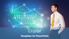  Presentation with continuous improvement - PPT theme featuring businessman-in-front-of-cloud background and a teal colored foreground