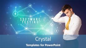  Presentation with software testing - Colorful presentation theme enhanced with businessman-in-front-of-cloud backdrop and a teal colored foreground