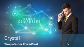  Presentation with cloud technology - PPT theme consisting of businessman-in-front-of-cloud background and a teal colored foreground