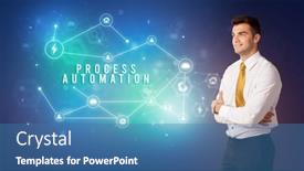  Presentation with process automation - Slides with businessman-in-front-of-cloud background and a teal colored foreground