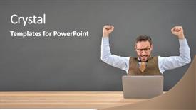  Presentation with young man holdng laptop on lap money - Cool new slides with businessman in front of laptop backdrop and a gray colored foreground