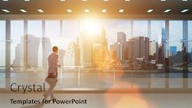  Presentation with challenges - PPT layouts enhanced with businessman in front of office window thinking of new challenges background and a coral colored foreground