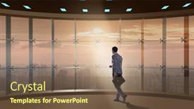  Presentation with challenges - Colorful PPT theme enhanced with businessman in front of office window thinking of new challenges backdrop and a tawny brown colored foreground