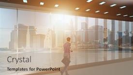  Presentation with challenges - Slide deck with businessman in front of office window thinking of new challenges background and a coral colored foreground