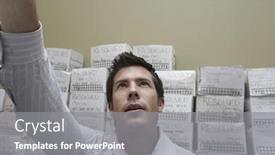  Presentation with stack - Audience pleasing theme consisting of businessman-in-front-of-stack backdrop and a gray colored foreground