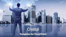  Presentation with global - Presentation design featuring businessman in global business concept background and a ocean colored foreground