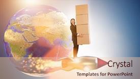  Presentation with express delivery service by motorcycle - Beautiful PPT theme featuring businessman in global worldwide delivery backdrop and a lemonade colored foreground