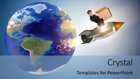  Presentation with techniques of improving health service delivery - Audience pleasing presentation theme consisting of businessman in global worldwide delivery backdrop and a light blue colored foreground