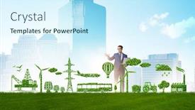  Presentation with environmental - Colorful theme enhanced with businessman-in-green-and-environmental backdrop and a cool aqua colored foreground