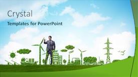 Presentation with environmental - Amazing PPT layouts having businessman-in-green-and-environmental backdrop and a sky blue colored foreground
