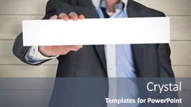  Presentation with bleached - Presentation theme having businessman in grey suit showing card against bleached wooden planks background background and a ocean colored foreground