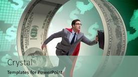  Presentation with ferrish wheel - Presentation design consisting of businessman in hamster wheel chasing dollars background and a mint green colored foreground