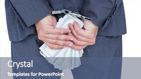  Presentation with bribe - Beautiful slide deck featuring businessman in handcuffs holding bribe on white background backdrop and a ocean colored foreground