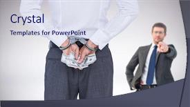  Presentation with bribe - PPT theme consisting of businessman in handcuffs holding bribe against grey background background and a sky blue colored foreground